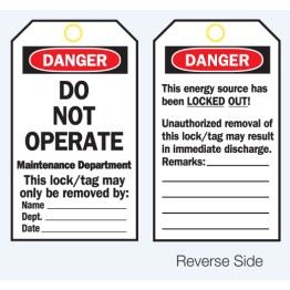 Lockout Tags - Danger Do Not Operate (Maintenance Department) - Reverse Side #1