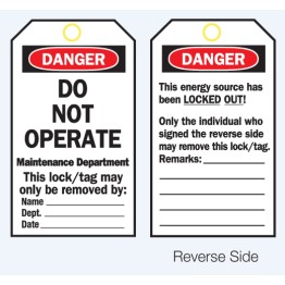 Lockout Tags - Danger Do Not Operate (Maintenance Department) - Reverse Side #2