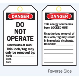 Lockout Tags - Danger Do Not Operate (Electricians At Work) - Reverse Side #1