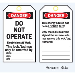 Lockout Tags - Danger Do Not Operate (Electricians At Work) - Reverse Side #2