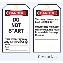 Lockout Tags - Danger Do Not Start - Reverse Side #1