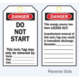 Lockout Tags - Danger Do Not Start - Reverse Side #1