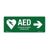 First Aid Sign - AED Defibrillator Sign with Right Pointing Arrow, 300mm (W) x 125mm (H), Self-Adhesive Vinyl